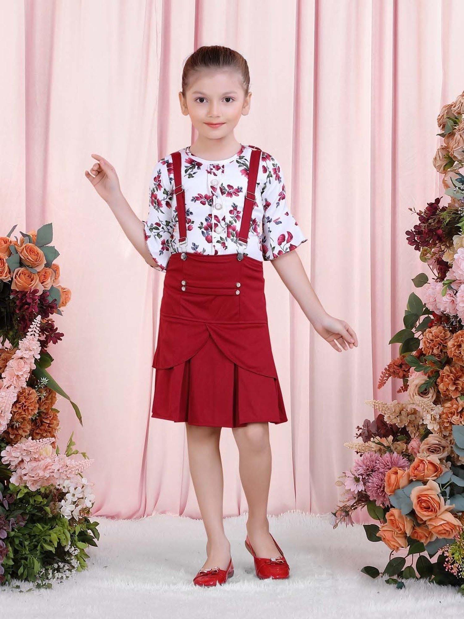 poplins Kids Maroon & White Cotton Printed Top Set