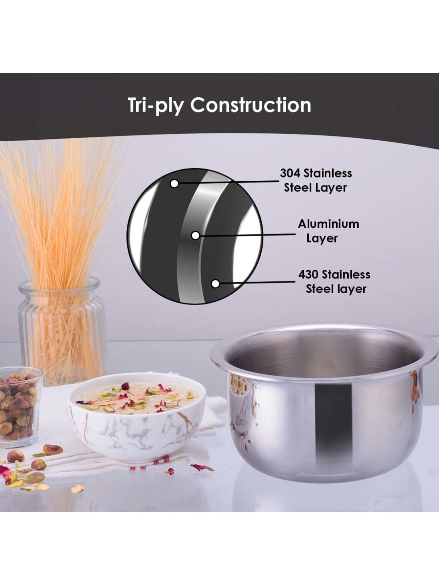 HAZEL Silver Induction Bottom Tope Stainless Steel Patila - 17.7 cm (2500 ml)