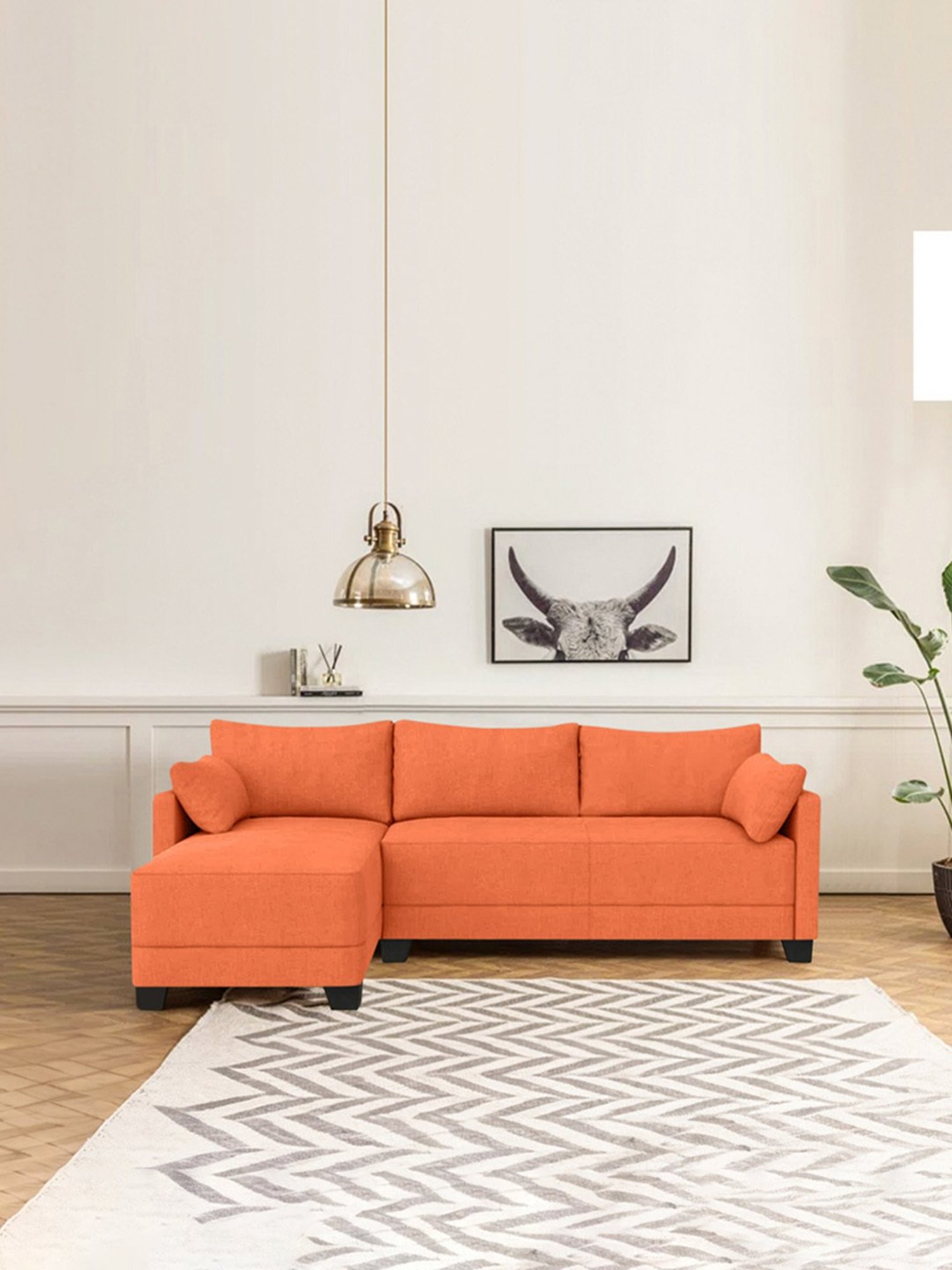 Trevi Duke Orange Fabric & Neem Wood 6 Seater LHS Sectional Sofa