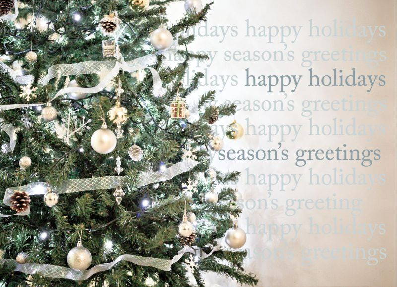 Holiday Greeting Cards - H1505. Greeting Cards with an Image of a Christmas Tree and Multiple Holiday Messages. Box Set Has 25 Greeting Cards and 26 White with Silver Foil Lined Envelopes.