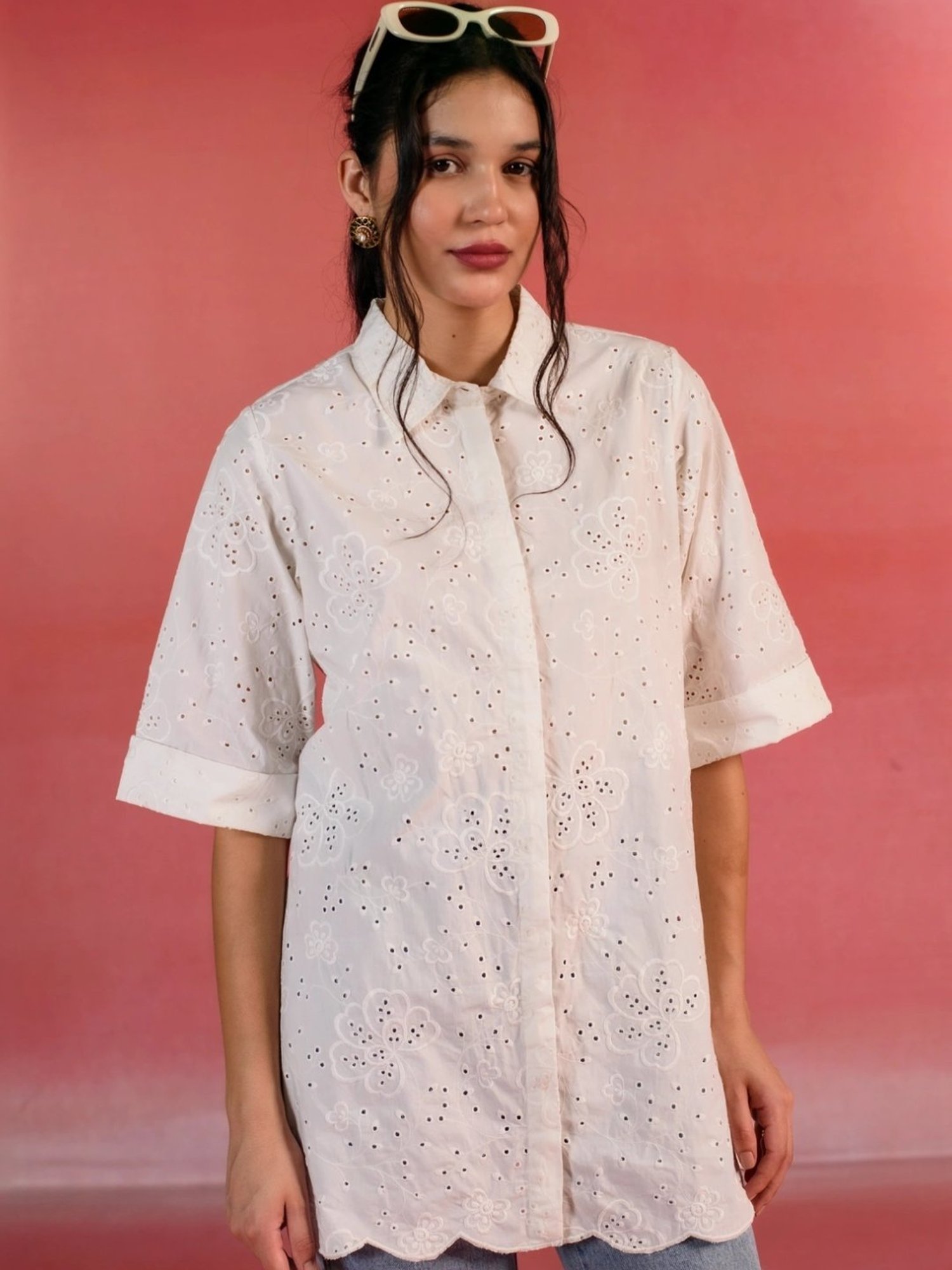 Kameez by Pooja White Embroidered Poplin Shirt