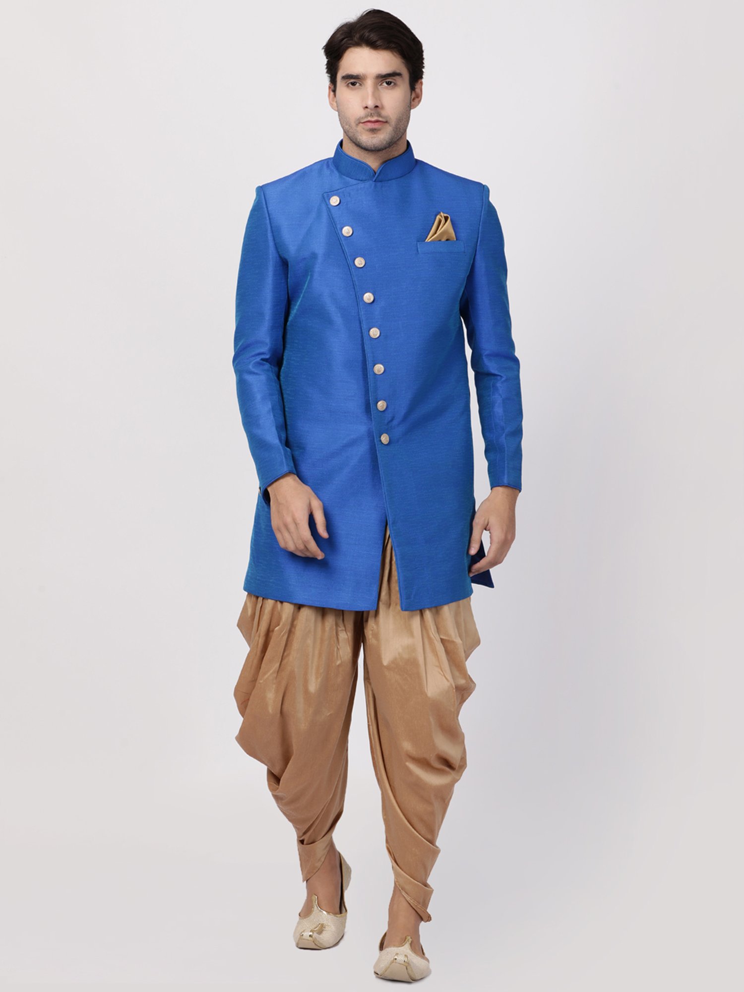 VASTRAMAY Royal Blue Straight Fit Striped Sherwani
