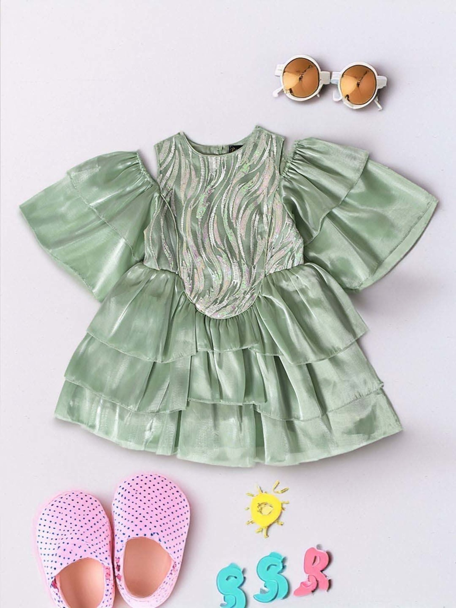 Bella Moda Kids Green Self Pattern Dress
