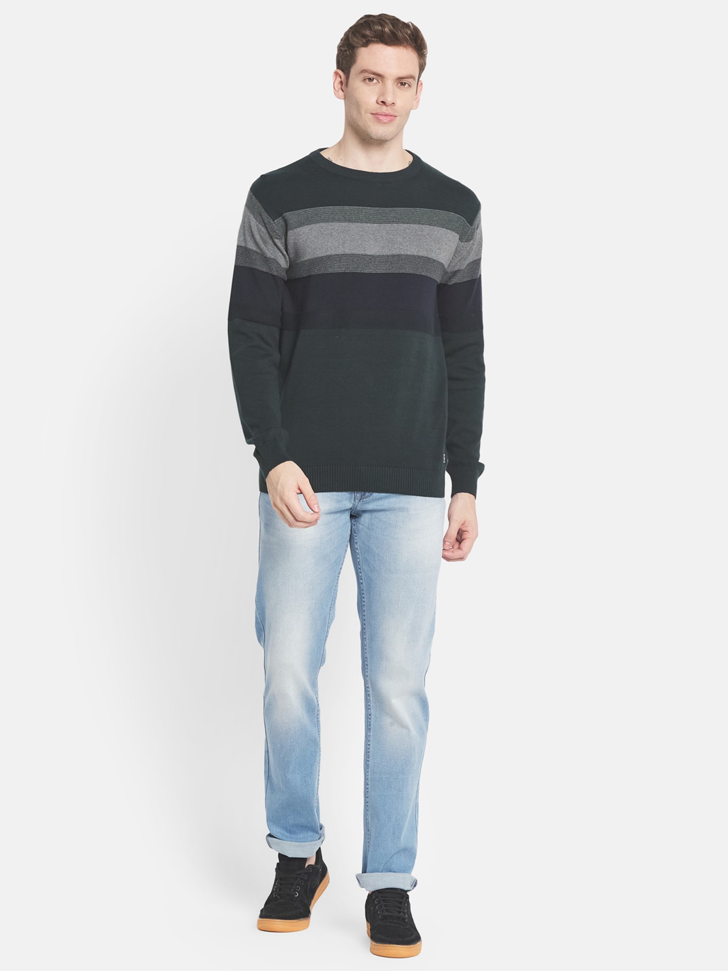 Mettle Green Cotton Regular Fit Striped Sweater