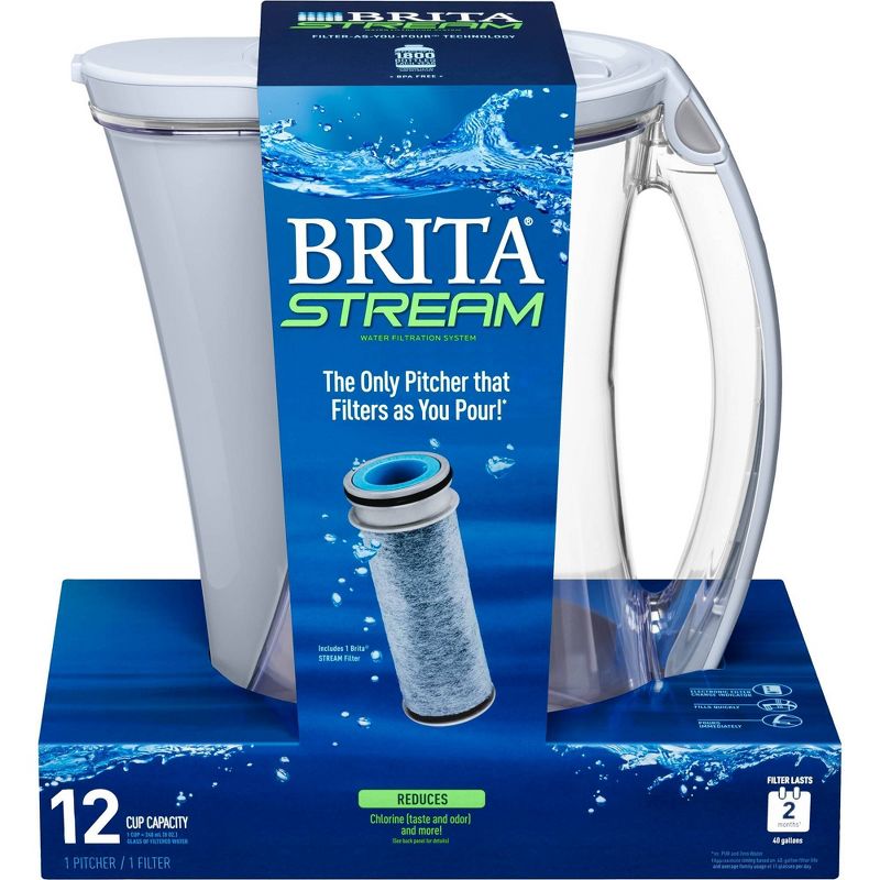 Brita 12-Cup Stream Filter As You Pour Water Pitcher with 1 Filter, Cascade - BPA Free – Ice