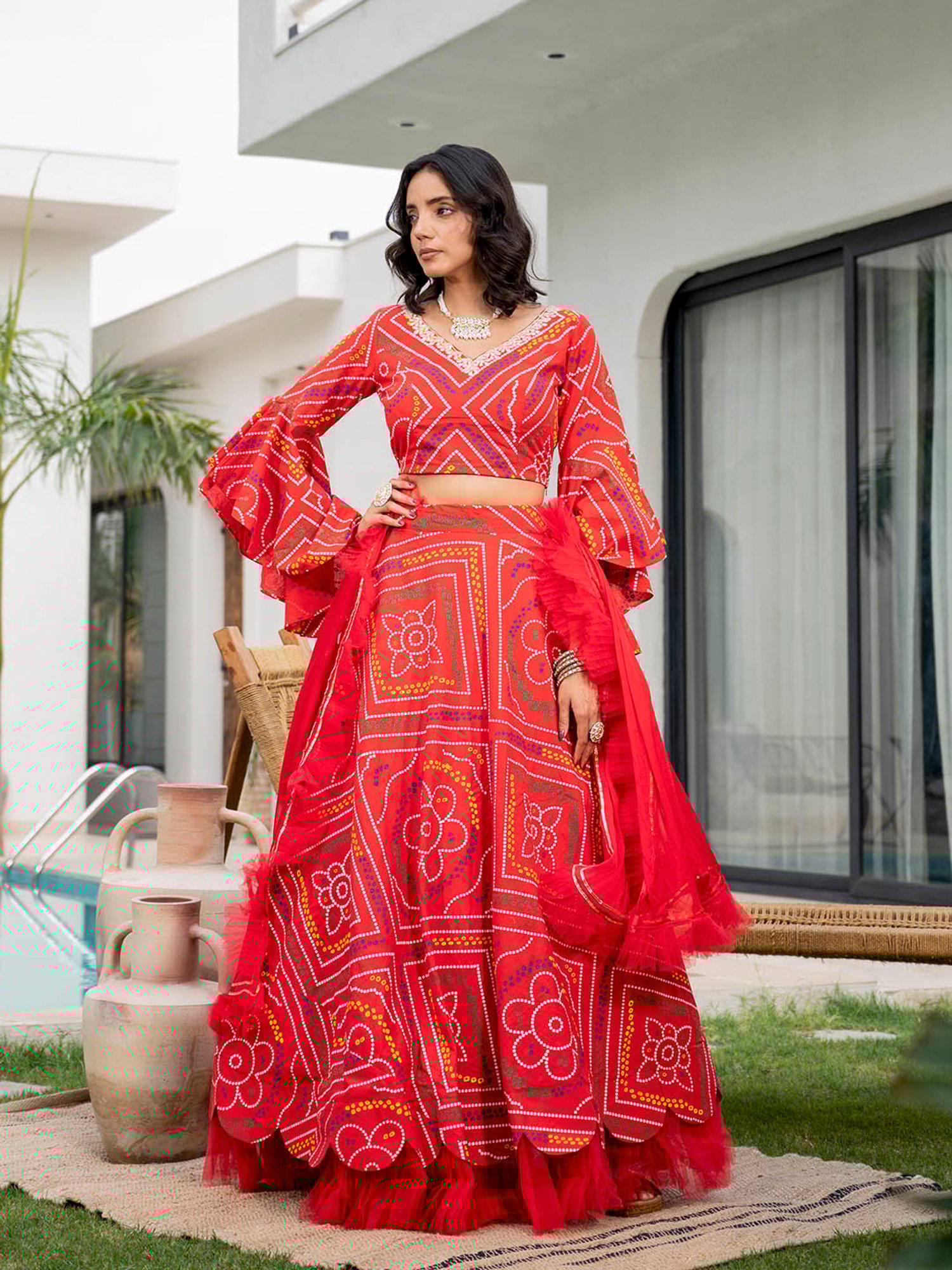 Divena Red Bandhani Ghagra & Choli With Dupatta