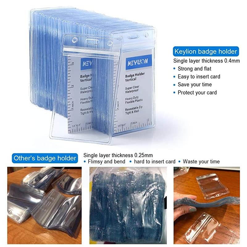 100 Pack ID Card Name Badge Holder, Heavy Duty Clear Transparent Plastic PVC Vertical Sleeve Pouch with Waterproof Type Resealable Zip