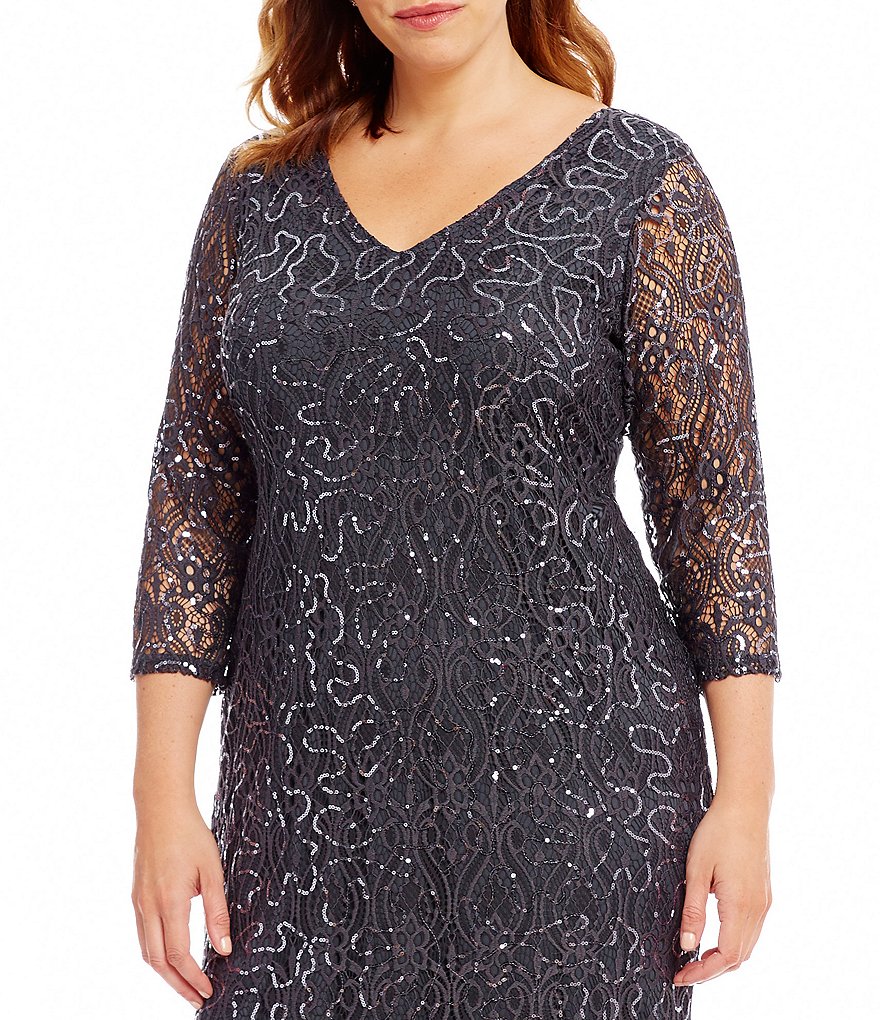 Marina Plus V-Neck 3/4 Illusion Sleeve Scoop Back Lace Gown