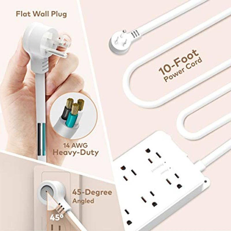 Surge Protector Power Strip Flat Plug, ETL Listed, TROND Wall Mountable Extension Cord Long 10ft, Low-Profile, 7 Widely-Spaced Outlets & 3 USB Ports, 1700 Joules, White