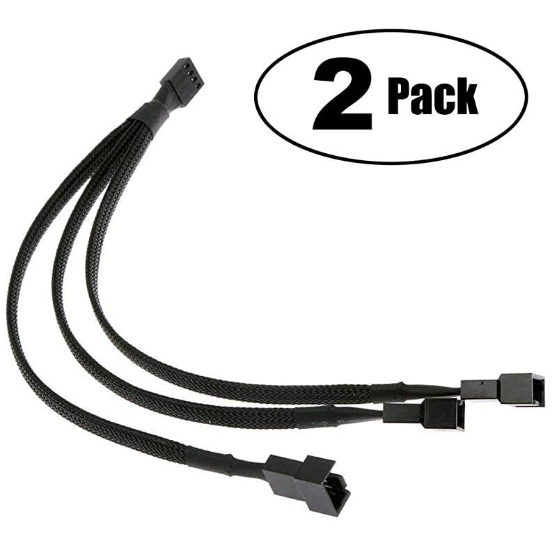 PWM Fan Splitter Adapter Cable Sleeved Braided Y Splitter Computer PC 4 Pin Fan Extension Power Cable 1 to 3 Converter 10 inches (2 Pack)