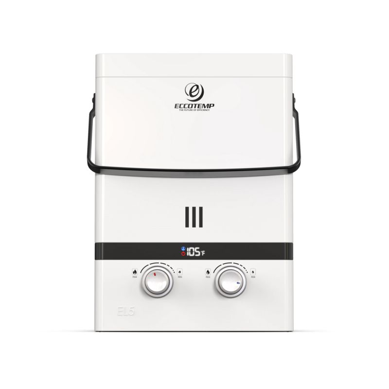 Eccotemp EL5 Luxe 1.5 GPM 37,000 BTUs Outdoor Compact Portable Wall Mount Tankless Water Heater with LED Display, Carry Handle, and Tilt Switch Safety