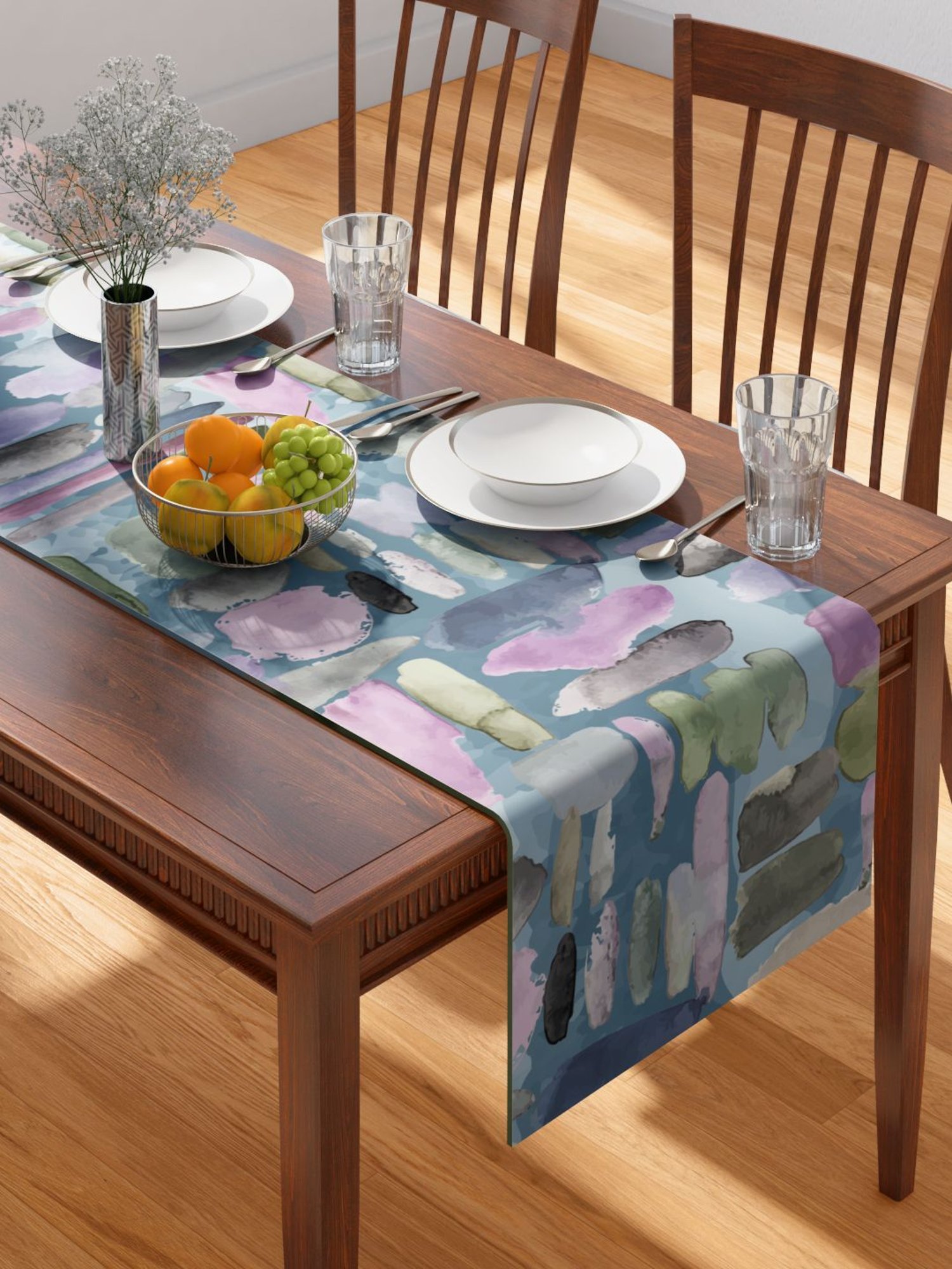 Petal Home Abstract Blue Cotton Table Runner