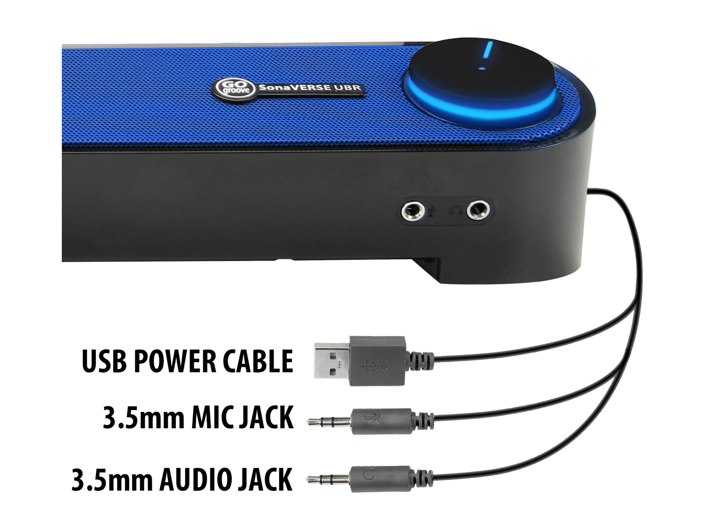 Desktop Computer Sound Bar Speaker w/ Easy Access Headphone & Mic Jacks by GOgroove - SonaVERSE UBR (Blue) - USB Powered, LED accents, Compact 16.5" Length, Angled Design - Ideal for Small Desks