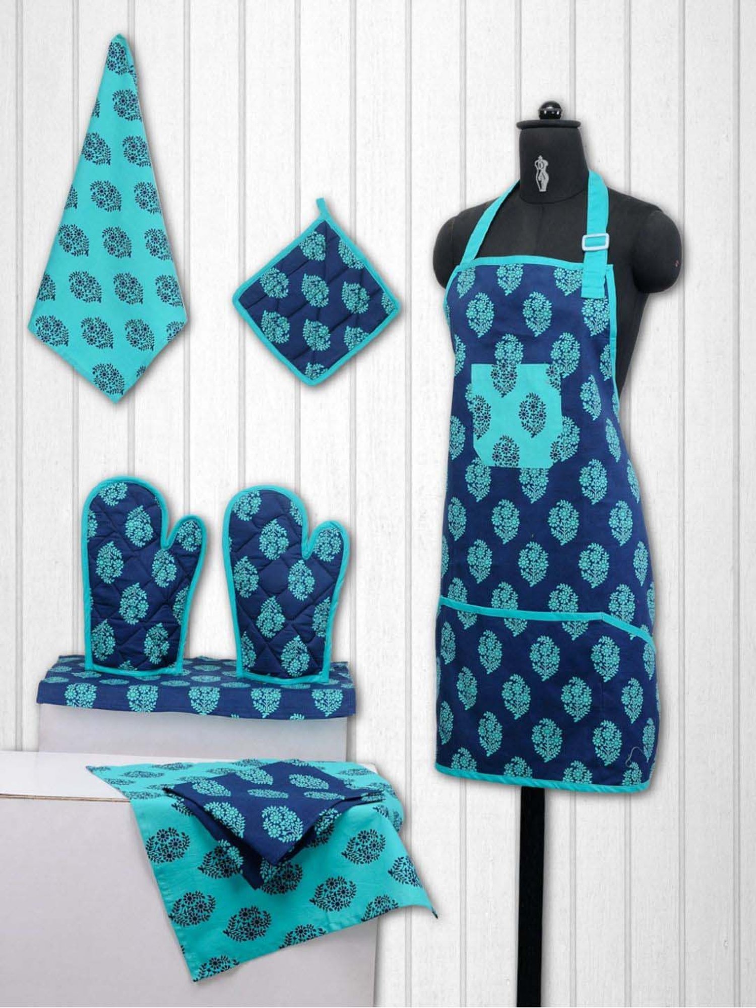 Swayam Navy Kitchen Apron Combo - Set of 8