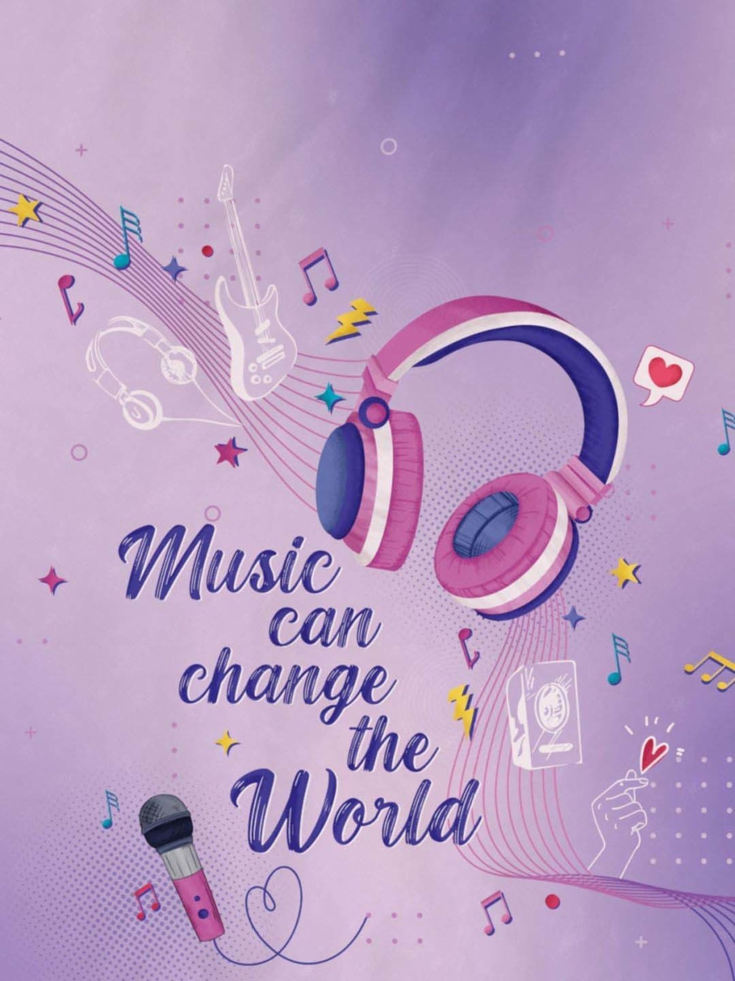 DDecor Music Conversational Purple Cotton 136 TC Double Bedsheet With 2 Pillow Covers