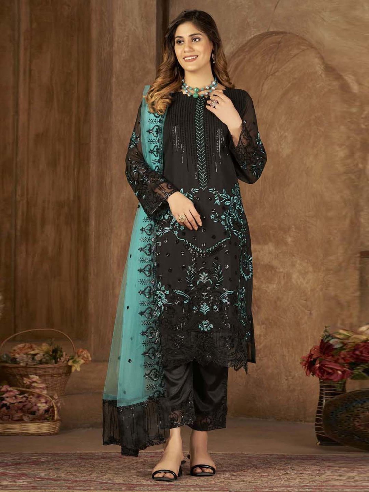 Warthy Ent Blue Embroidered Semi Stitched Dress Material