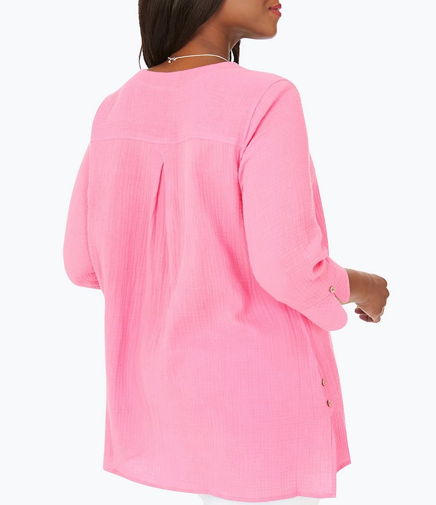 Foxcroft Plus Size Vena Gauze 3/4 Sleeve Split Round Neck Top