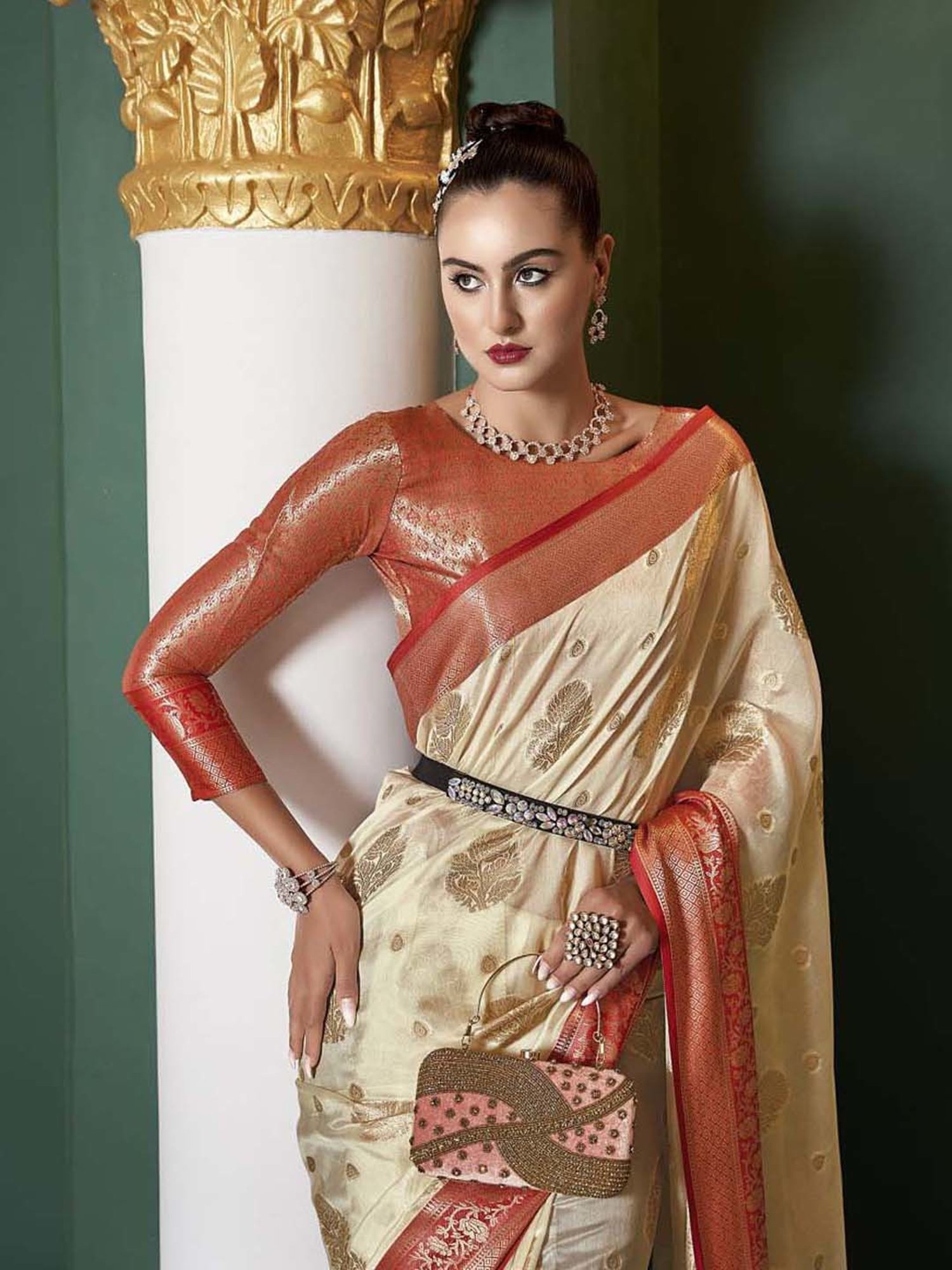 Elora Cream Silk Woven Saree With Unstitched Blouse