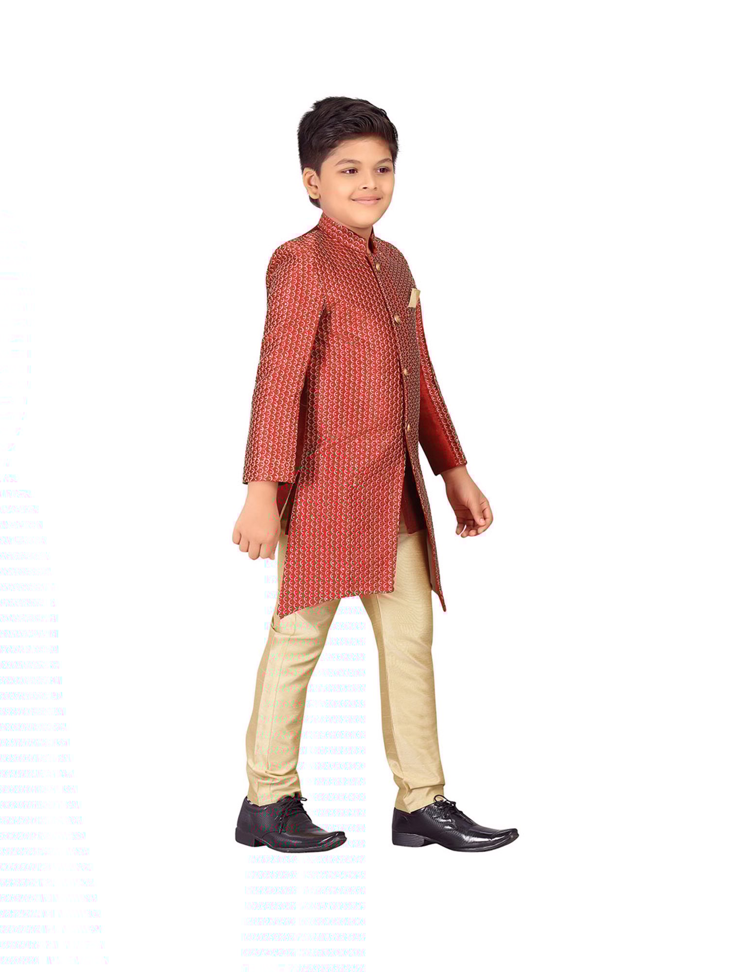 Ahhaaaa Kids Maroon & Gold Embellished Kurta with Pajamas