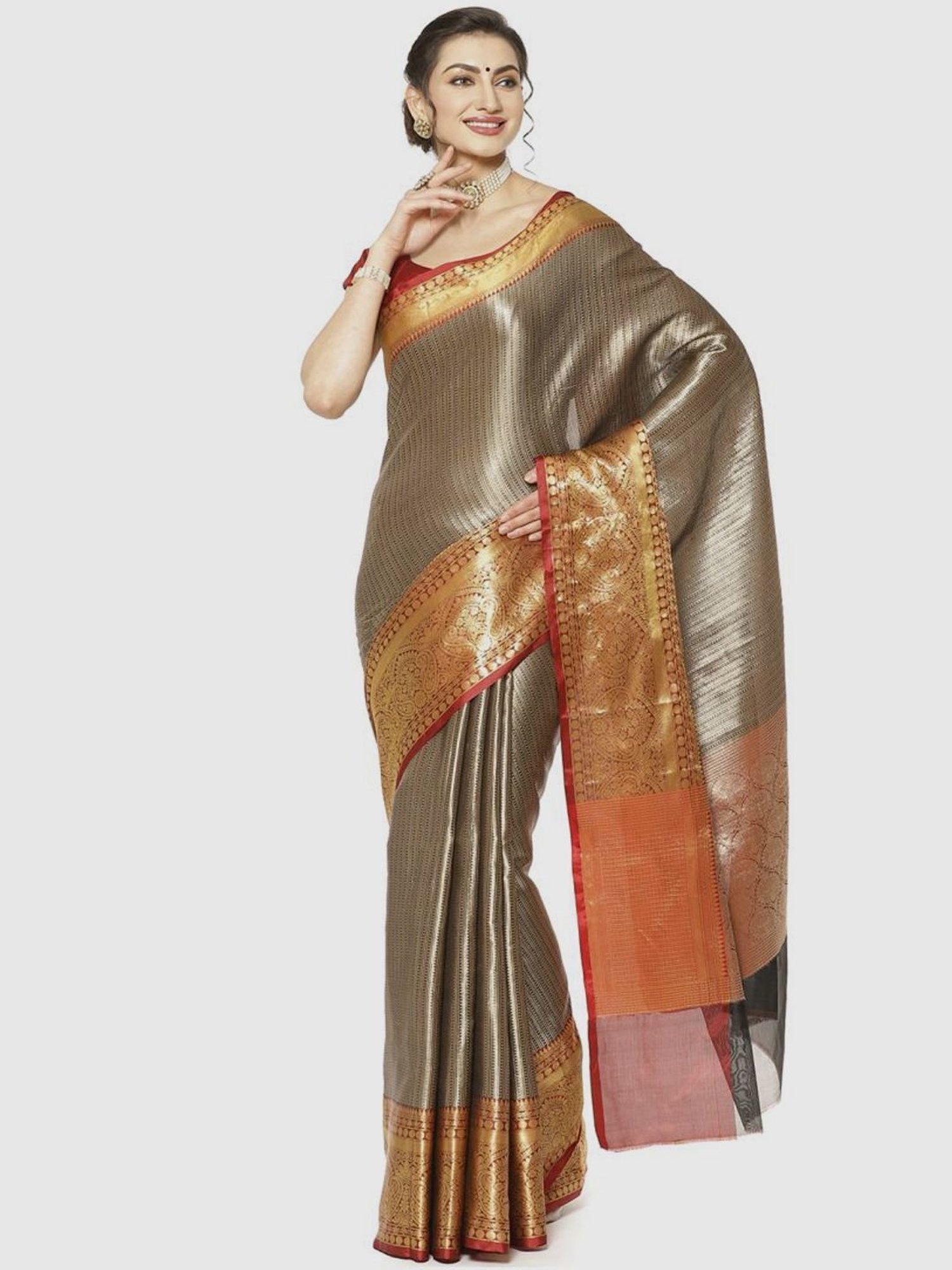 Banarasi Silk Works Black & Red Woven Saree With Unstitched Blouse