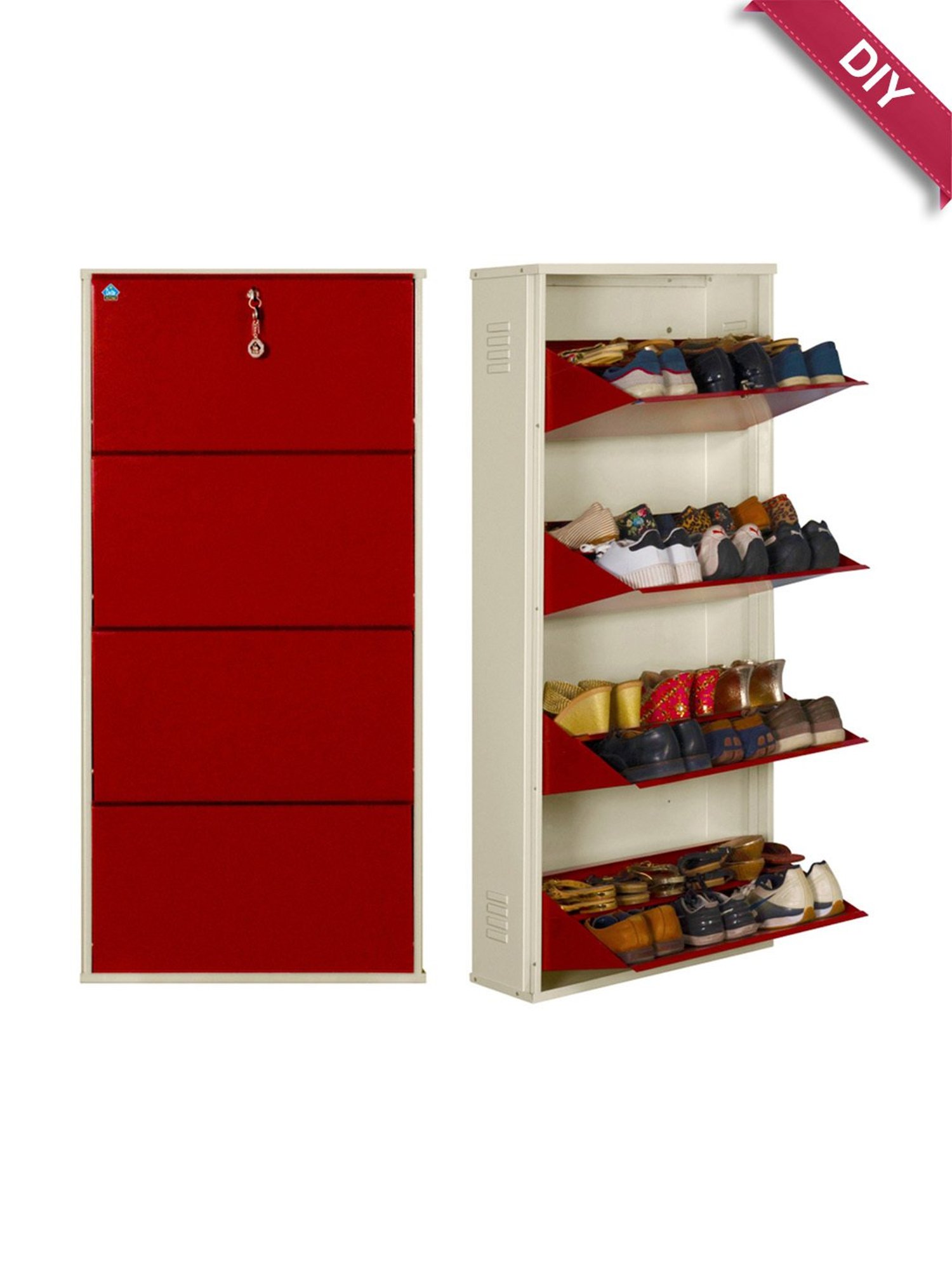 Delite Kom Metal Shoe Rack - 24" 8 Shelf, Double Decker, Ivory BrickRed, PowderCoat, Wall Mount, DIY