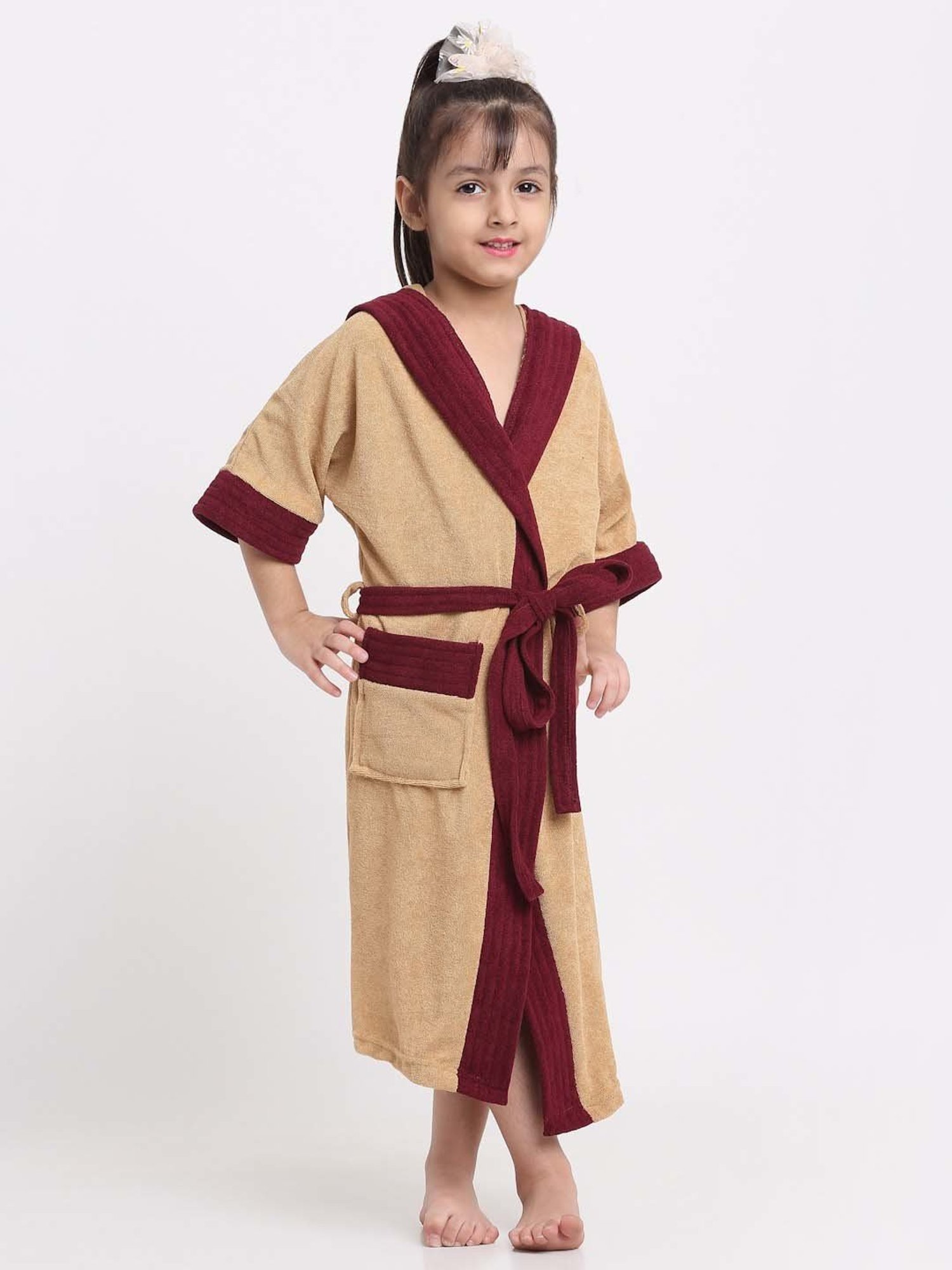 Creeva Melodious Camel & Wine Micro Terry 225 GSM Kids Hooded Bathrobe 14-15 Years With Pocket