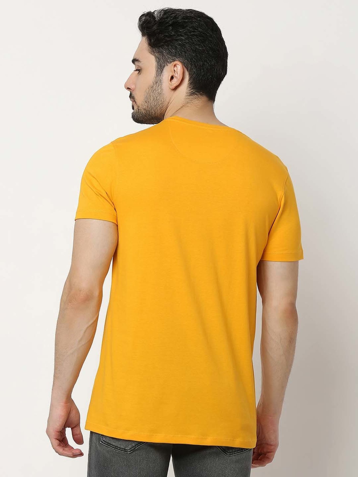 UnderJeans by Spykar Mustard Regular Fit Printed Cotton Crew T-Shirt