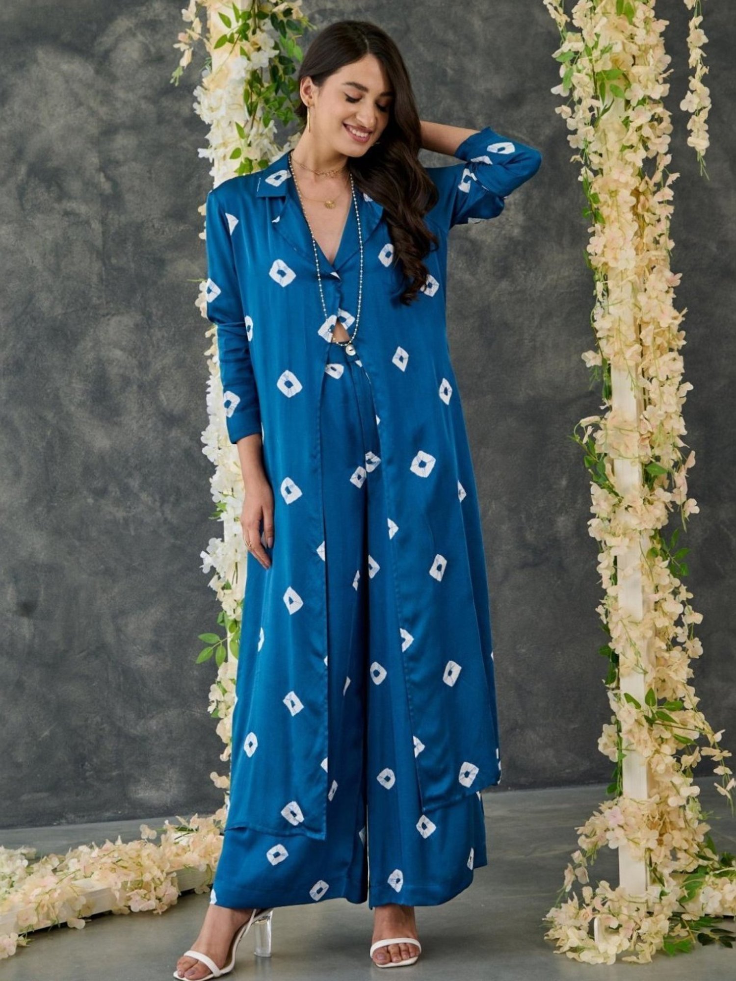 Gulaal Indigo Bandhani Modal Satin Shrug with Pant