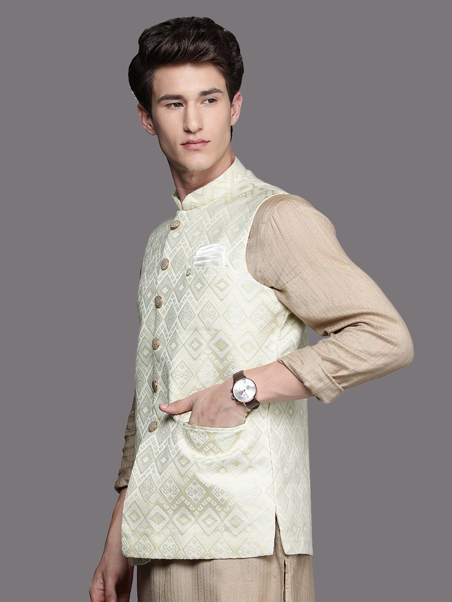 Manyavar Light Yellow Regular Fit Self Design Nehru Jacket