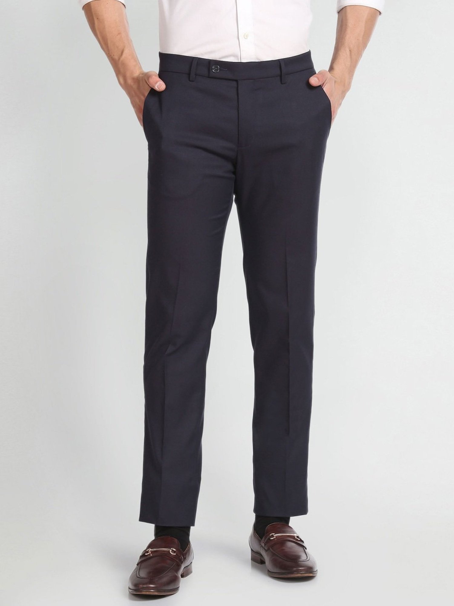 Arrow Navy Regular Fit Self Pattern Trousers