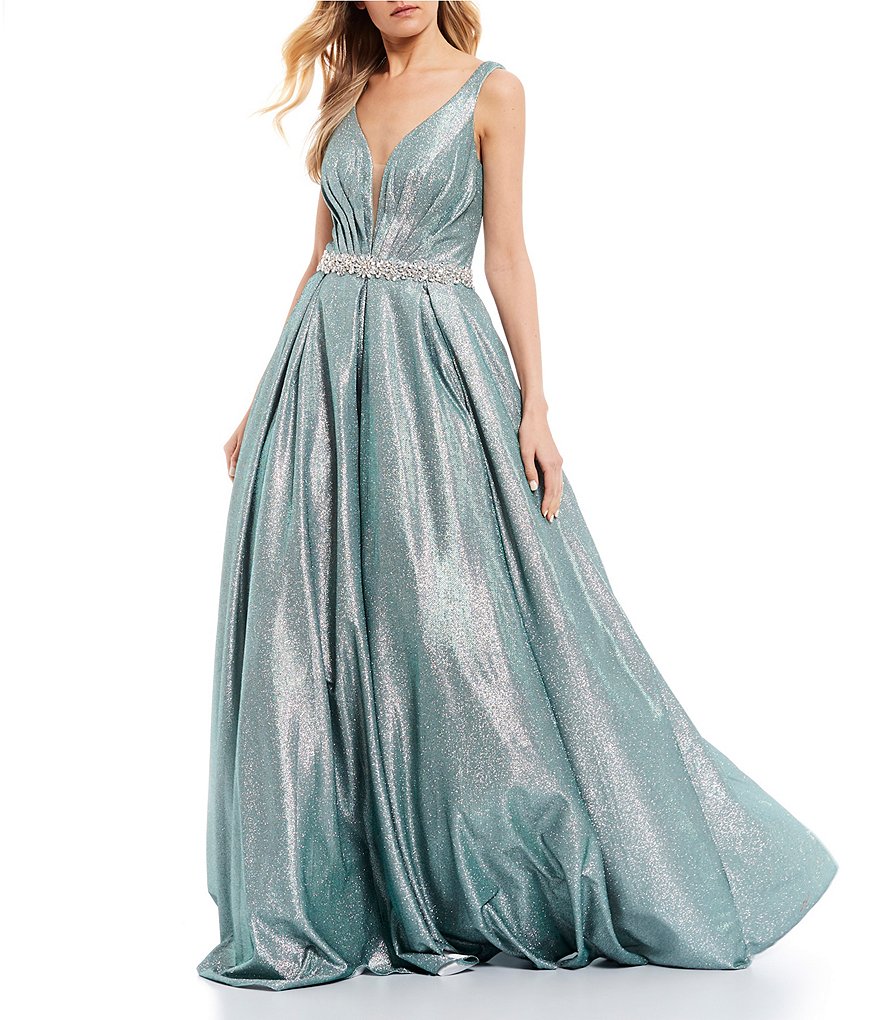 Coya Collection Plunging Neckline Glitter Metallic Ball Gown