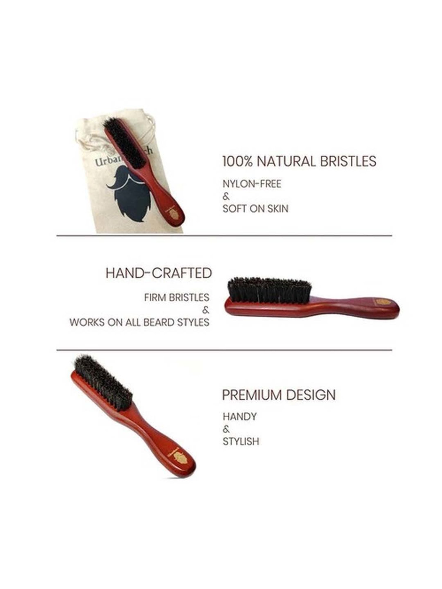 UrbanMooch 100% Boar Bristle Beard Brush with Grass Tree Wooden Handle