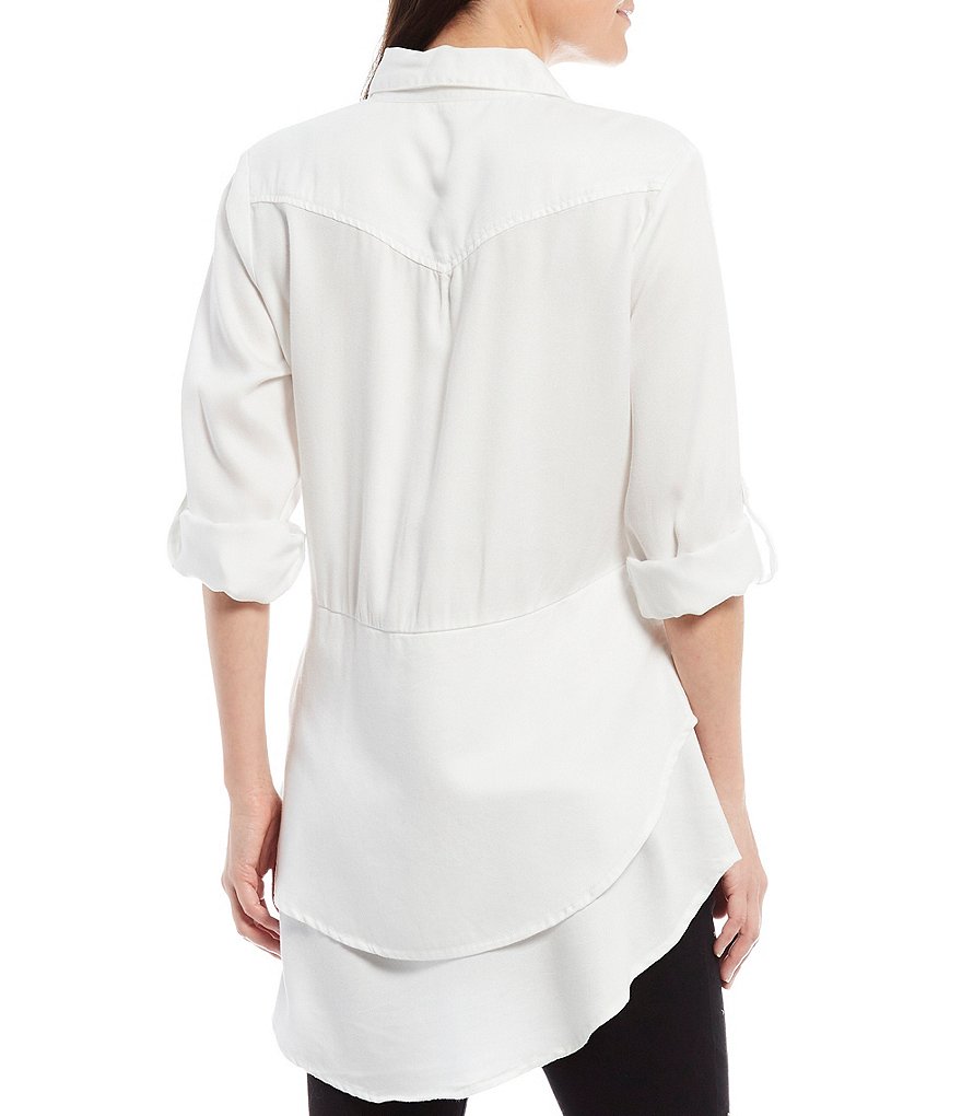 Reba Rodeo Roll-Tab Sleeve Hi-Low Layered Ruffle Button Front Shirt