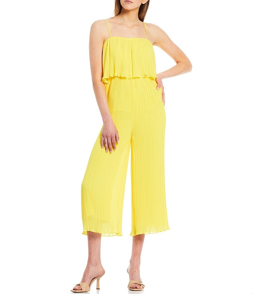 Gianni Bini Riley Micro-Pleat Spaghetti Strap Square Neck Sleeveless Wide Leg Cropped Jumpsuit