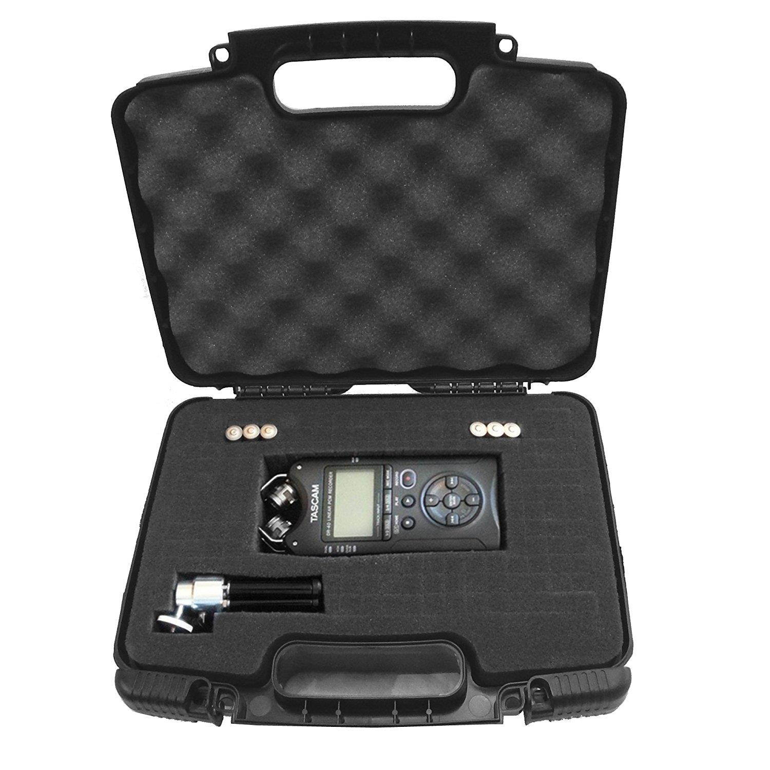 STURDY Recorder Carrying Travel Hard Case w/ Dense Foam for Tascam DR-05 , DR-40 , DR-22L , DR-100MKll , DR-44WL Portable Recorder , Mini Tripod , Adapter , Mic Pop Windscreen and Slim Accessories