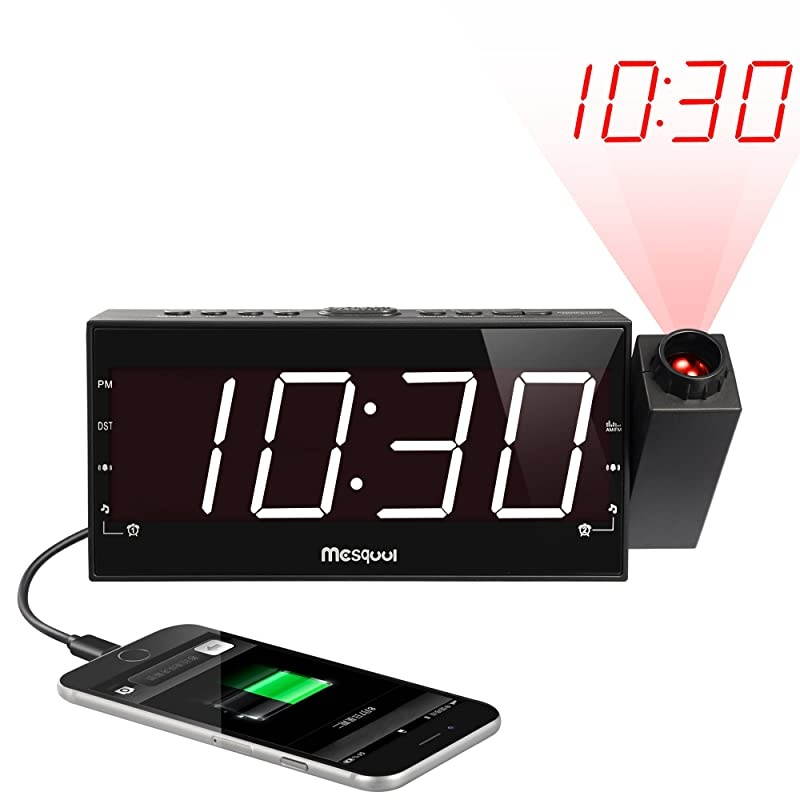 Digital Alarm Clock for Ceiling,Wall,Bedroom - FM Radio,7&rdquo; Large Number & 5 Dimmers,350&deg;Projector,USB Charger,Sleep Timer,Plug in & Battery Backup,Loud Dual Alarm Clock for Heavy Sleepers