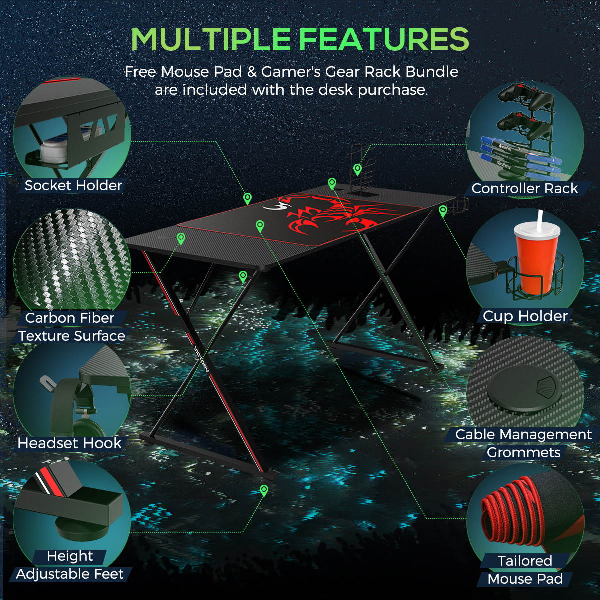 Eureka Gaming&reg; Captain X Series 55'' E-sport Desk, Home Office Gaming Computer Desk, X Shaped Gamer Workstation with Free Controller Stand, Cup Holder, Headphone Hook & Mousepad, Black