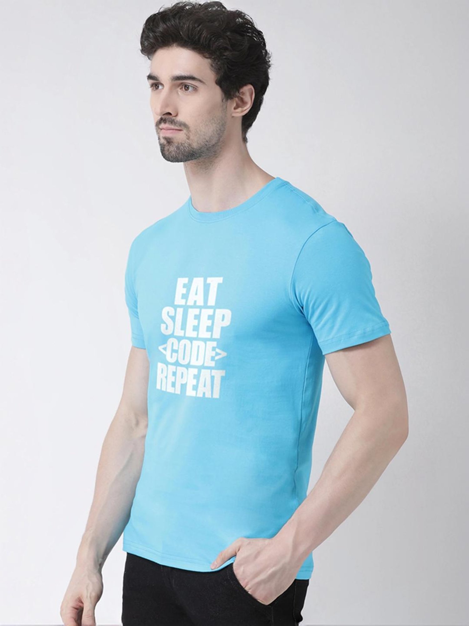 Friskers Turquoise Blue Cotton Slim Fit Printed T-Shirt