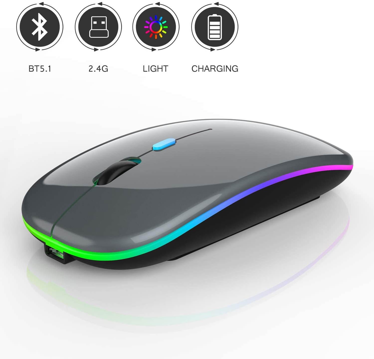 LED Bluetooth wireless mouse, MacBook Pro Bluetooth mouse, MacBook Air Bluetooth mouse, rechargeable wireless mouse, suitable for MacBook, laptop, Mac, ipad, iPad Pro (black)