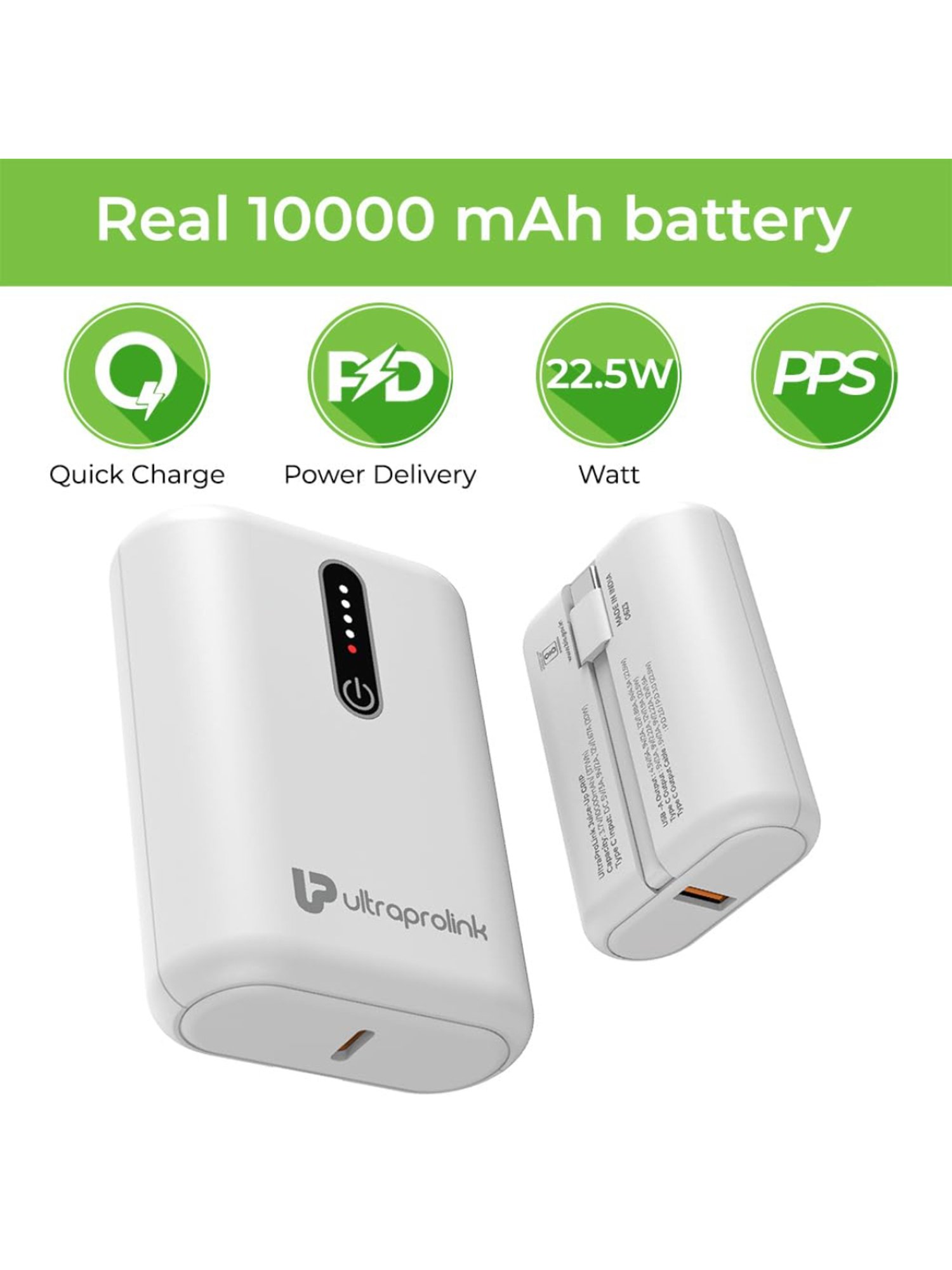 UltraProlink UM1121 10000mAh 22.5W Juice-UP Grip Compact Power Bank with LED Indicators (White)