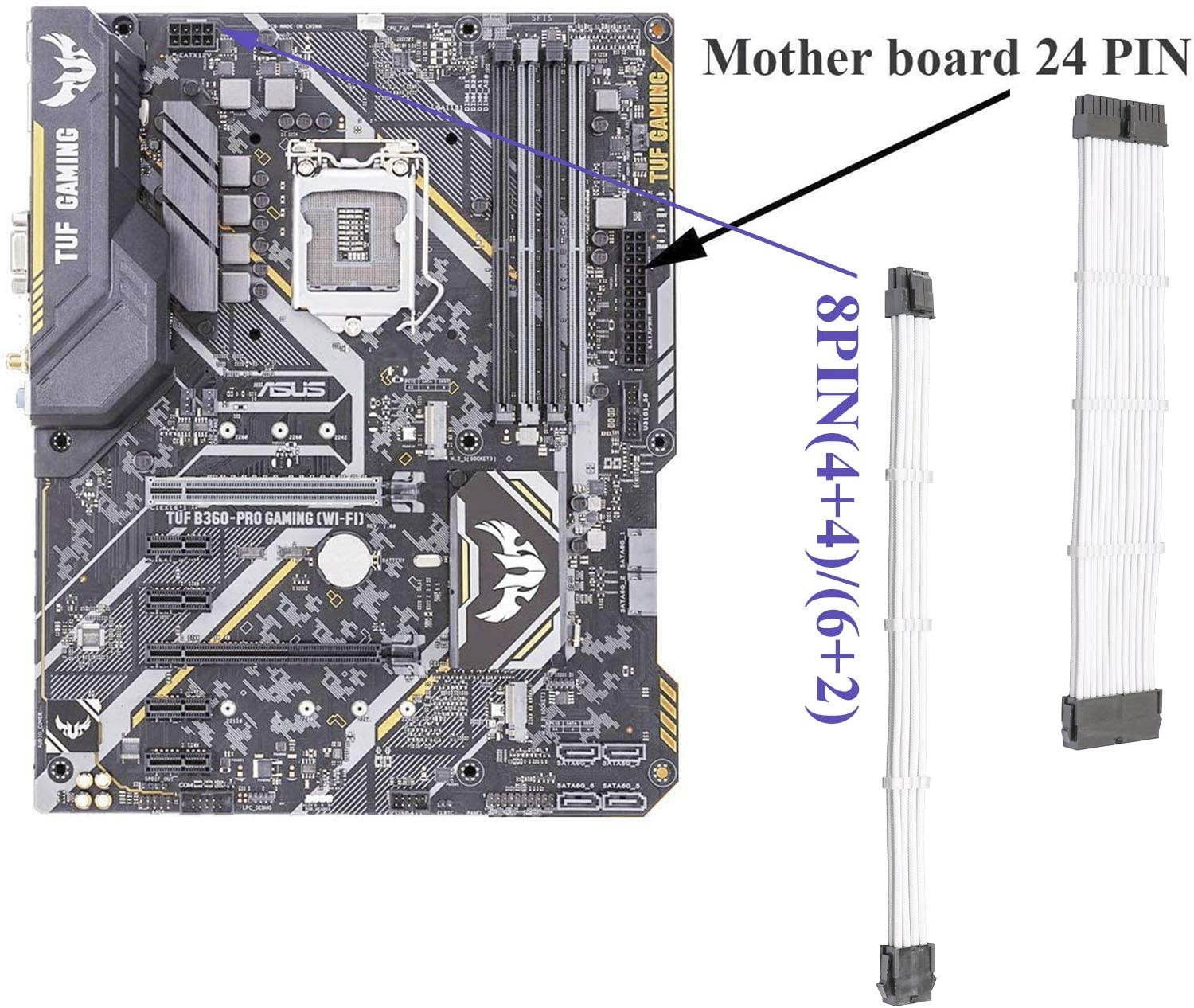 Sleeved Cable PSU Extension Cable Kit with 24-PIN 8-PIN 4+4-PIN Sleeved Cables for ATX Power Supply(Pearl White)