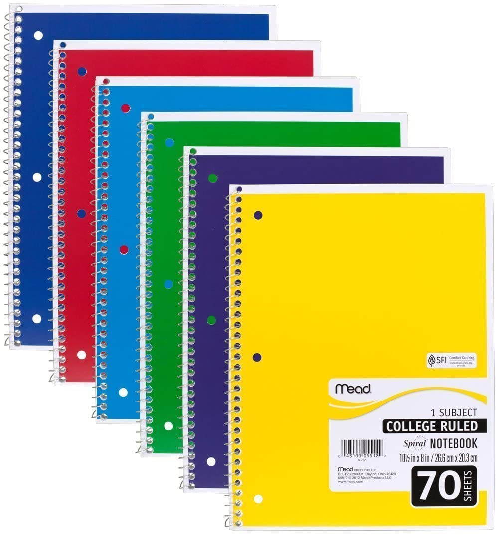Mead 05512 Spiral Notebook, College Ruled 7.5" x 10.5" 70 Sheets, 1 Subject, 6 Pack, Colors May Vary