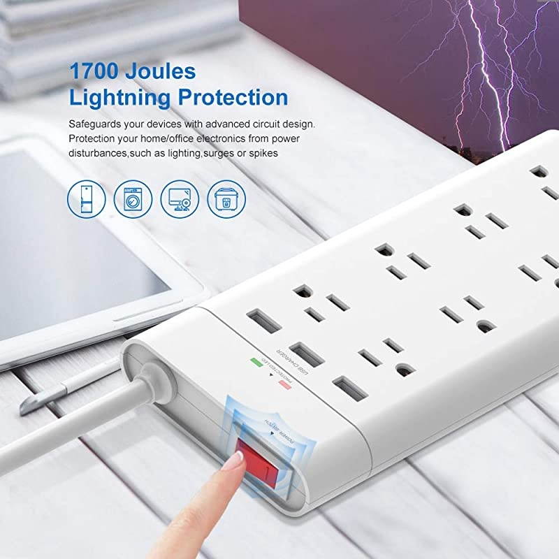 Power Strip with 3 USB Port,  Surge Protector 8-Outlet 4.5ft USB Charging Station, Wall Mount Heavy Duty Extension Cord, FCC ETL Listed, White