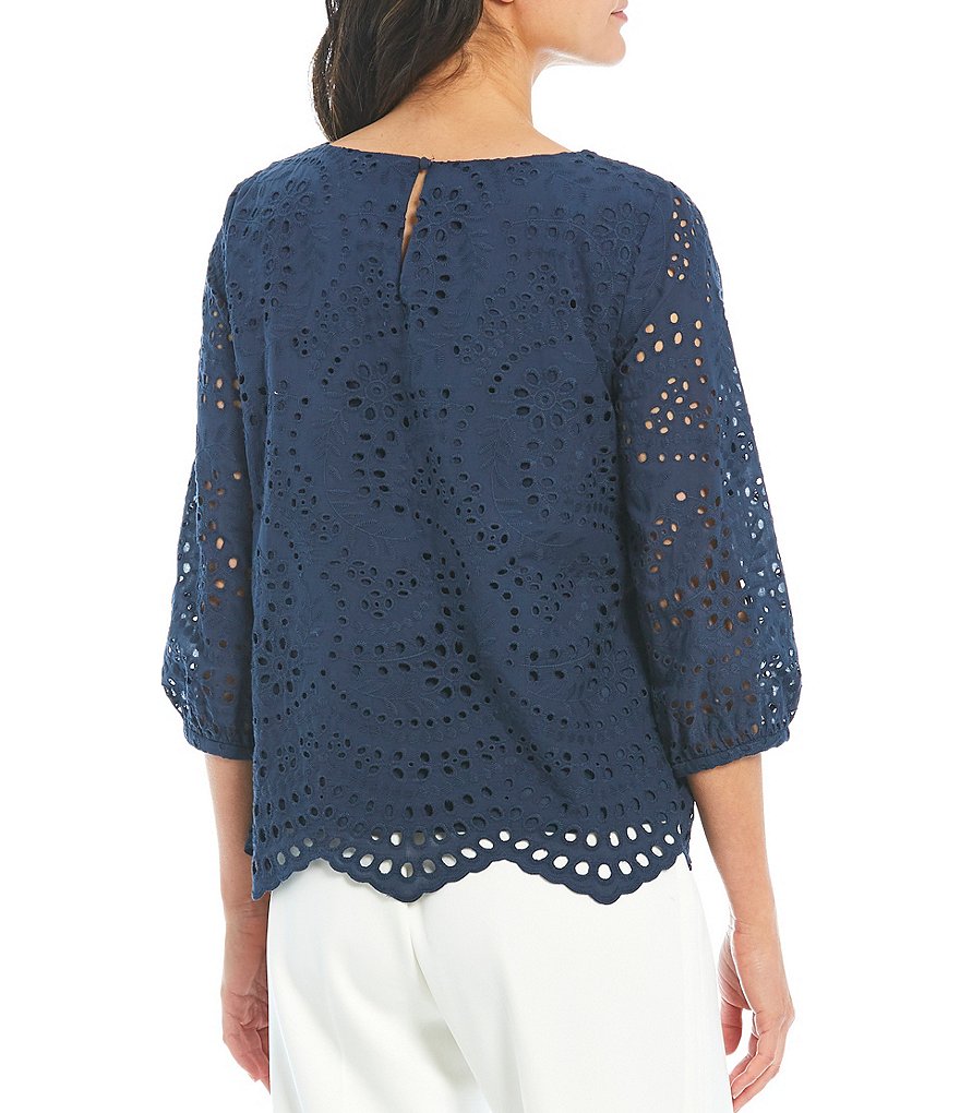 Preston & York Alexia Eyelet Boat Neck 3/4 Sleeve Woven Blouse