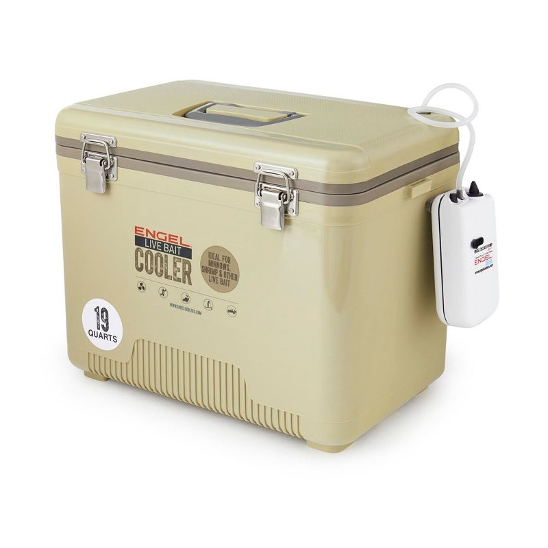 Engel 19 Quart Portable Insulated Live Bait Fishing Dry Box 32 Can Hard Airtight Cooler with Water Speed Aerator Pump and Removable Pull Net, Tan