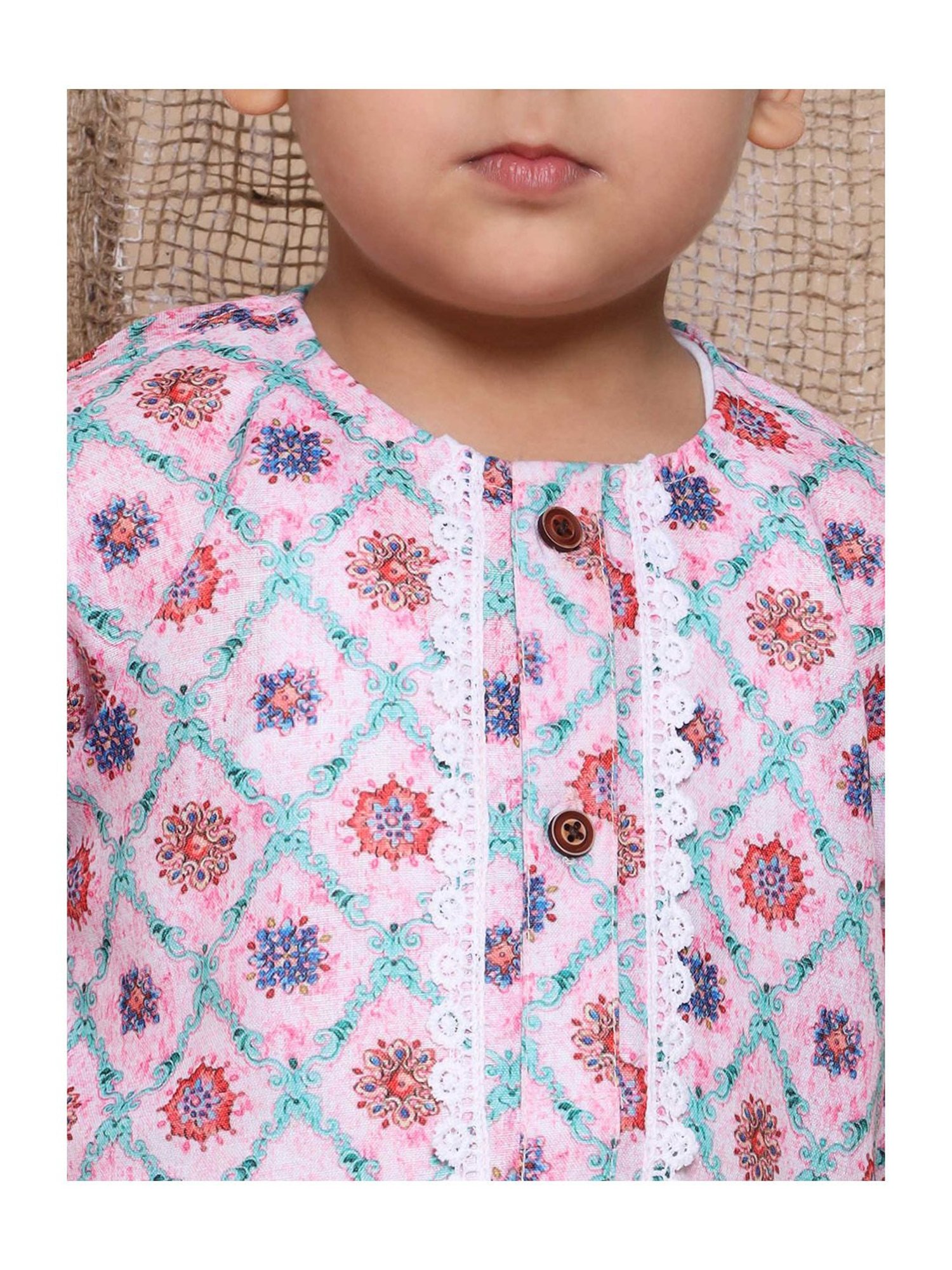 AJ Dezines Kids Pink & White Floral Print Full Sleeves Kurta with Dhoti