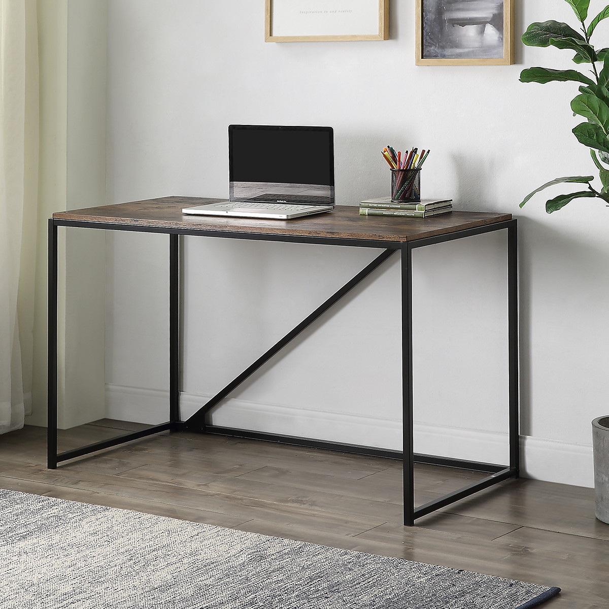 46" Home Office Computer Desk Small Desk Home Office Study Desk Modern Simple Laptop Table Gaming Desk Metal Frame Easy Assembly Industrial Style Brown