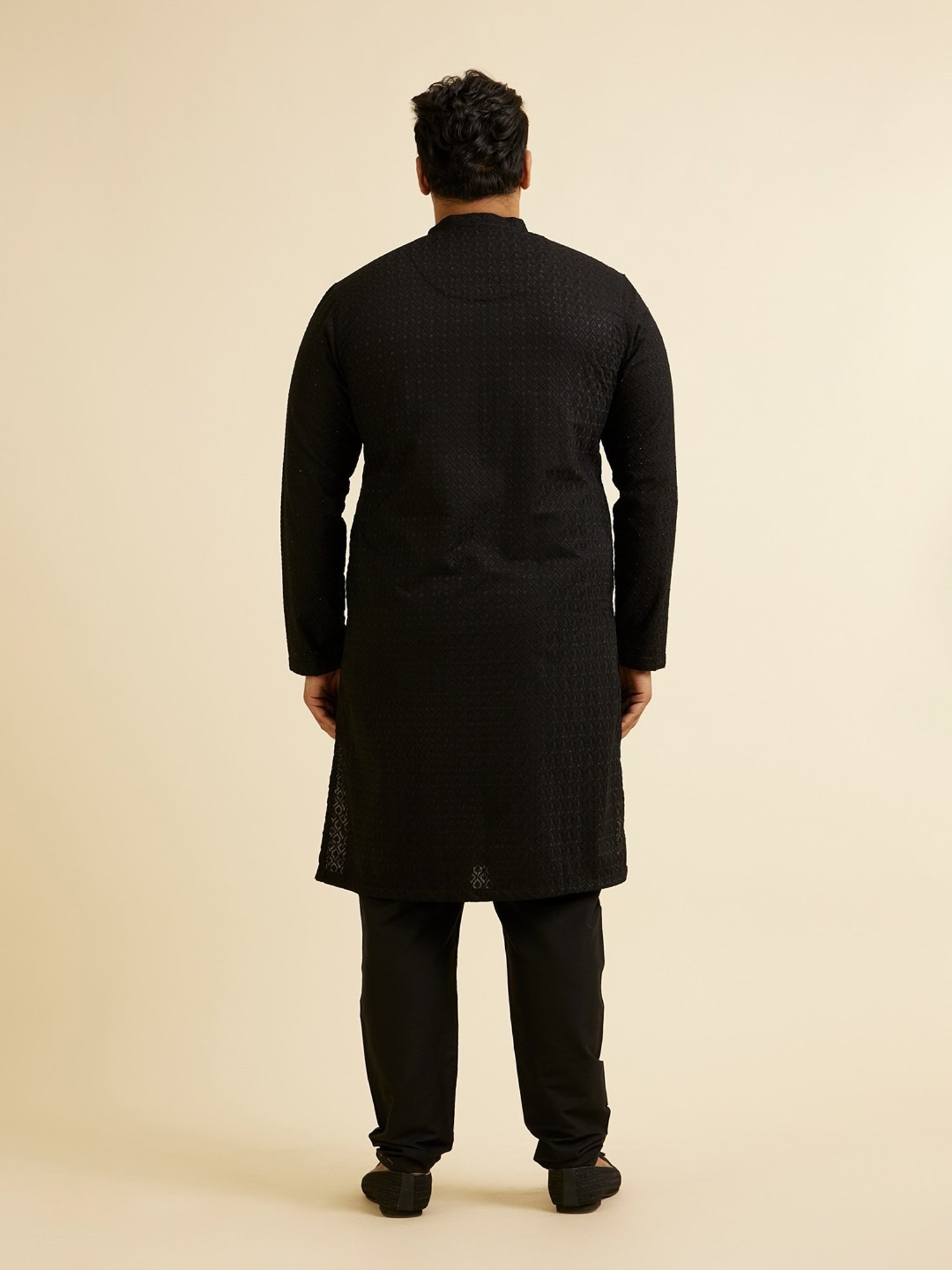 Manyavar Black Regular Fit Embroidered Plus Size Kurta and Pyjama Set