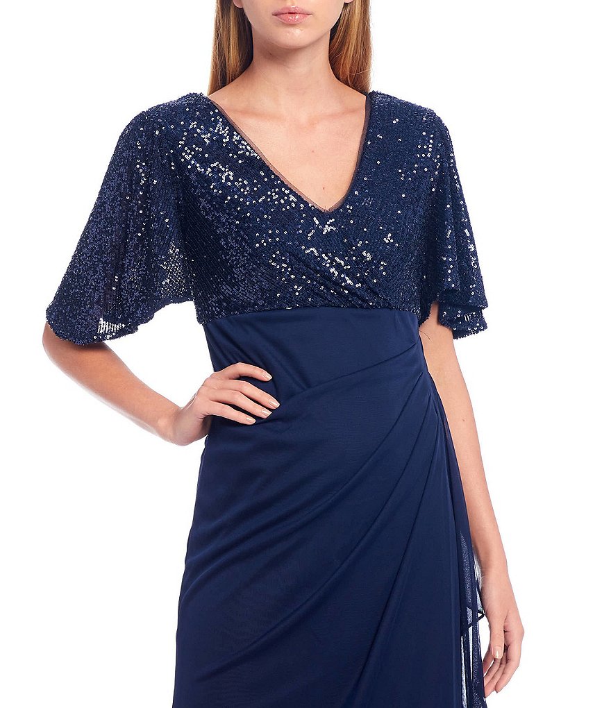 Xscape V-Neck Short Sleeve Sequin Bodice Side Ruched Gown