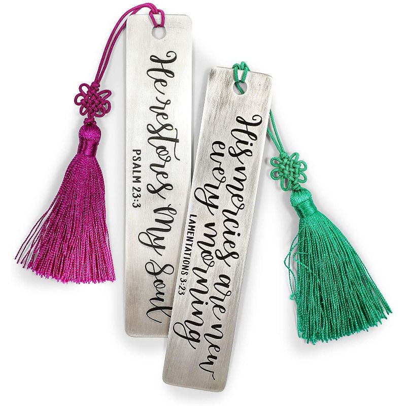 Faithful Finds 2-Pack Silver Stainless Steel Metal Religious Scripture Bible Bookmark with Tassel, 4.85 x 1 in